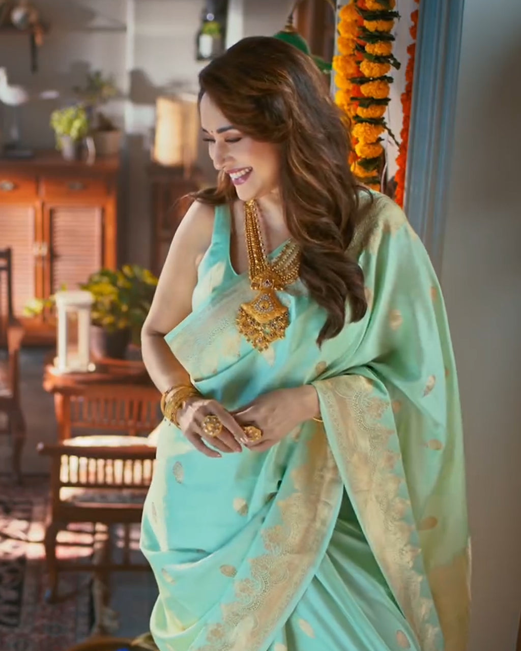 Pistachio-Coloured Satin Silk Saree