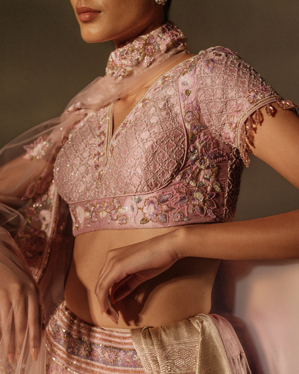 Blushing Peach Hand Embroidered Resham Coral Set