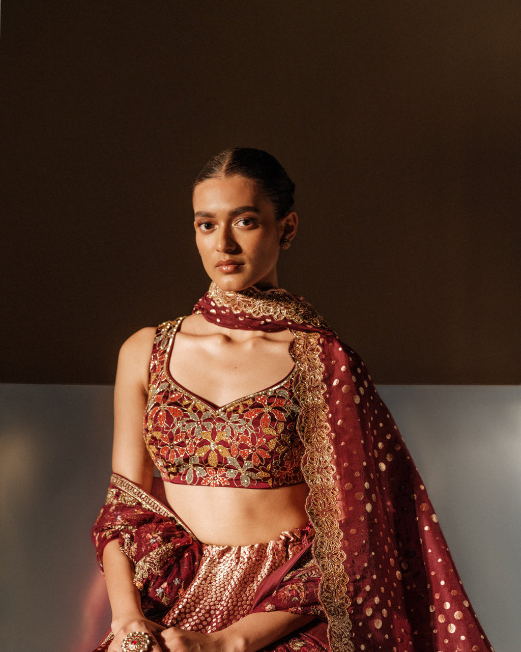 Maroon Grace Banarasi Lehenga Featuring Zardozi Butas