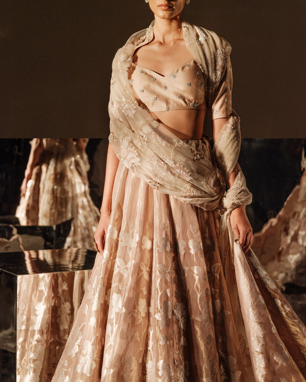 Golden Aura Botanical Banarasi Lehenga Set