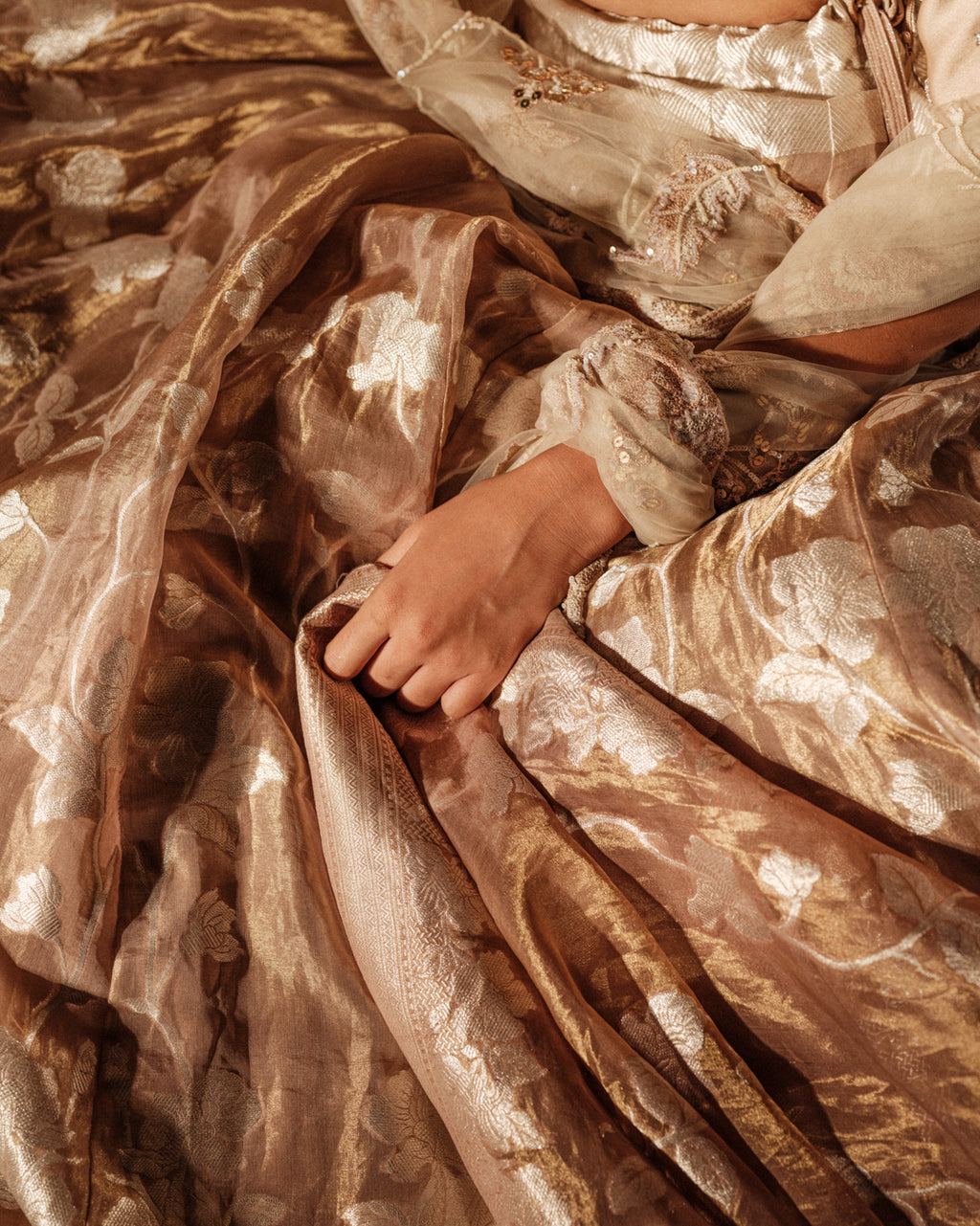 Golden Aura Botanical Banarasi Lehenga Set