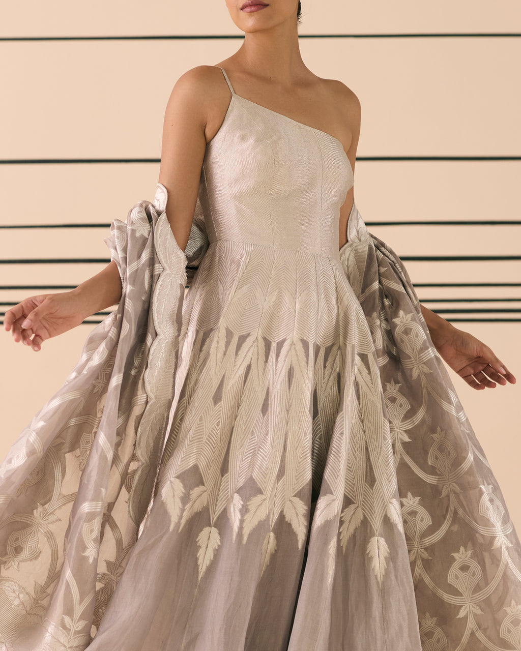 Alabaster Woven Geometrical Lehenga 'The Line'