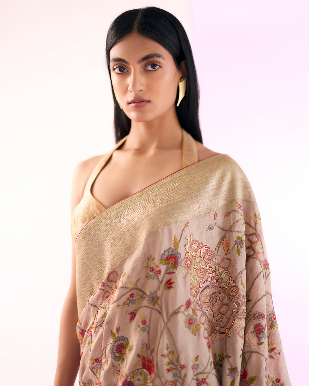 Oatmeal Handwoven Embroidery Saree