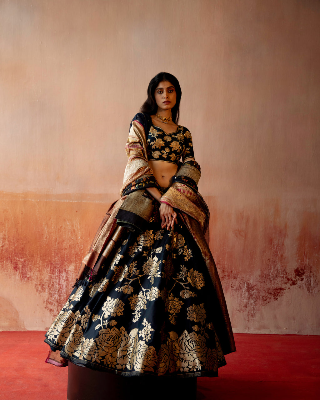 Ebony Lehenga Featuring Botanical Motifs