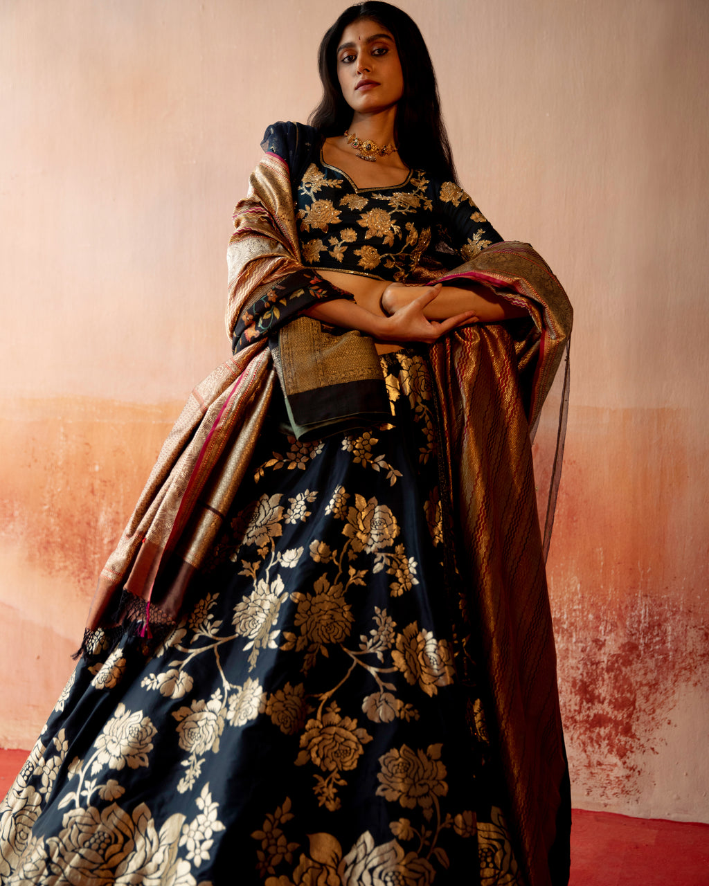 Ebony Lehenga Featuring Botanical Motifs