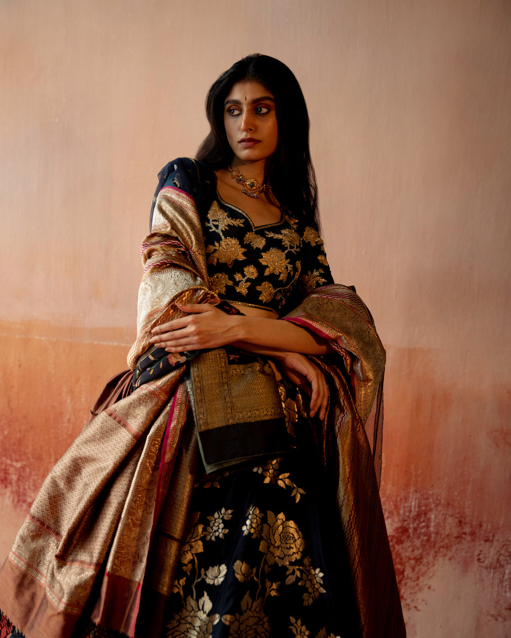 Ebony Lehenga Featuring Botanical Motifs