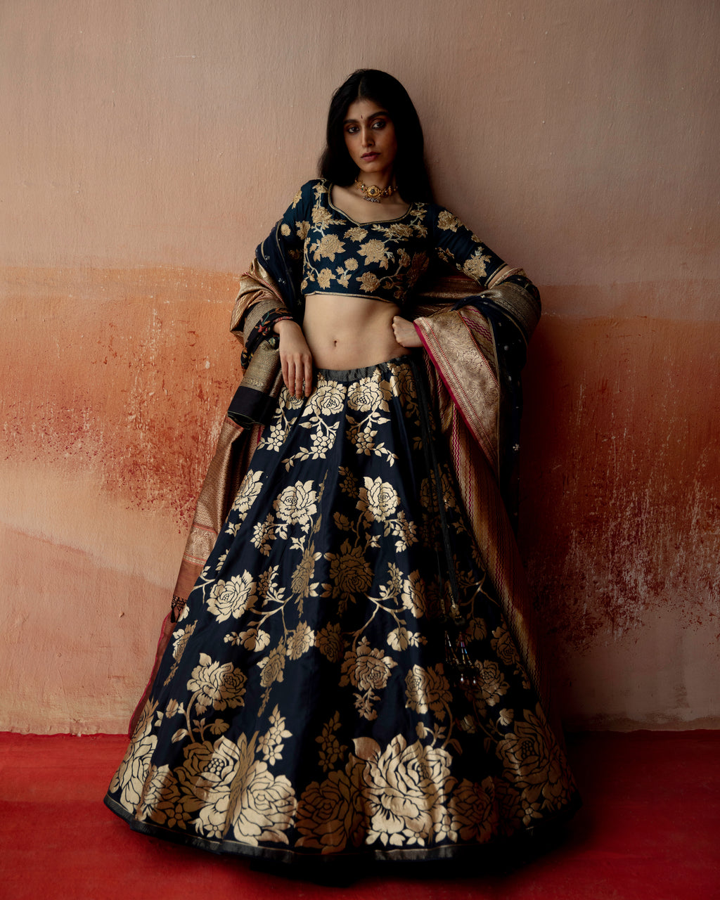 Ebony Lehenga Featuring Botanical Motifs