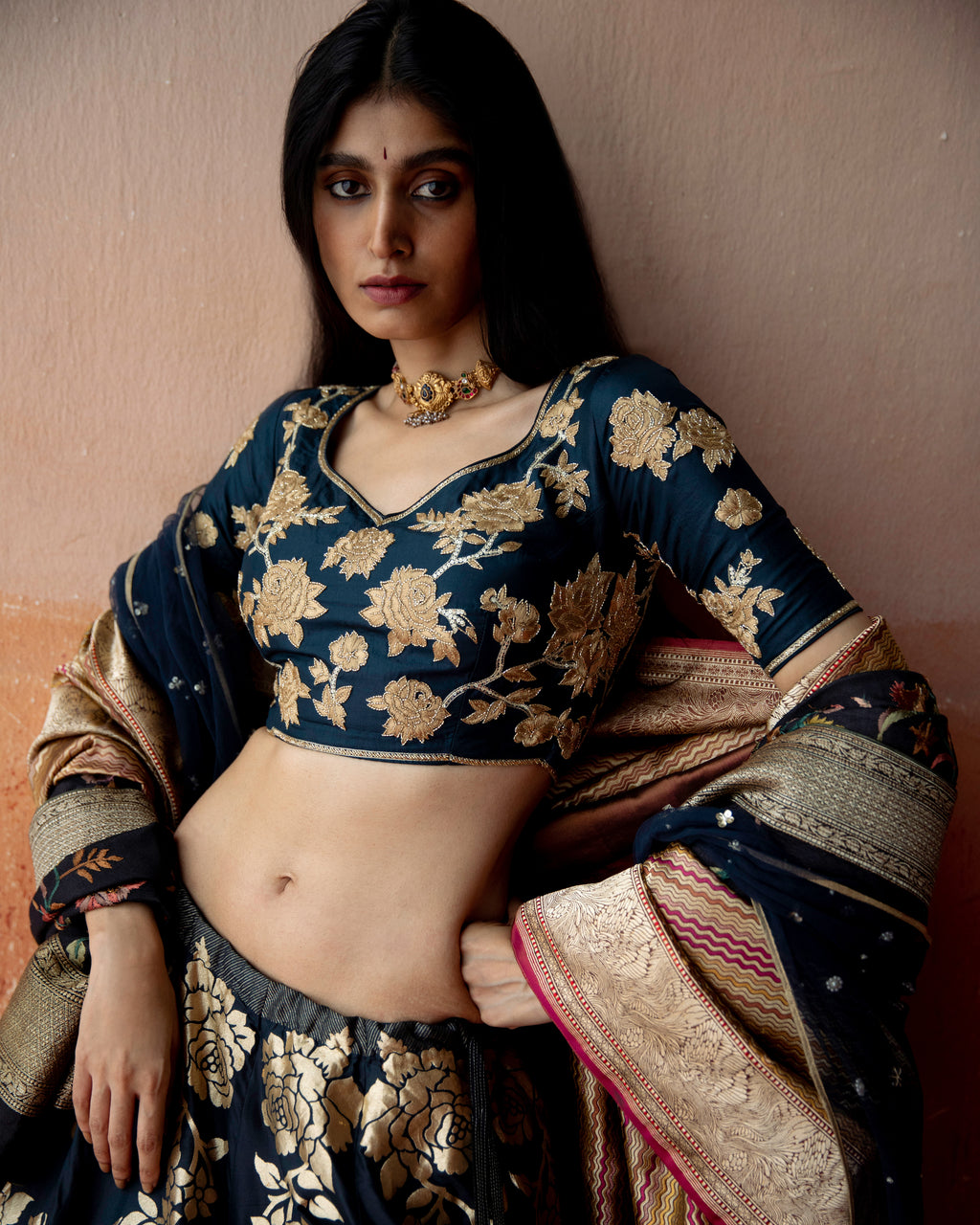 Ebony Lehenga Featuring Botanical Motifs