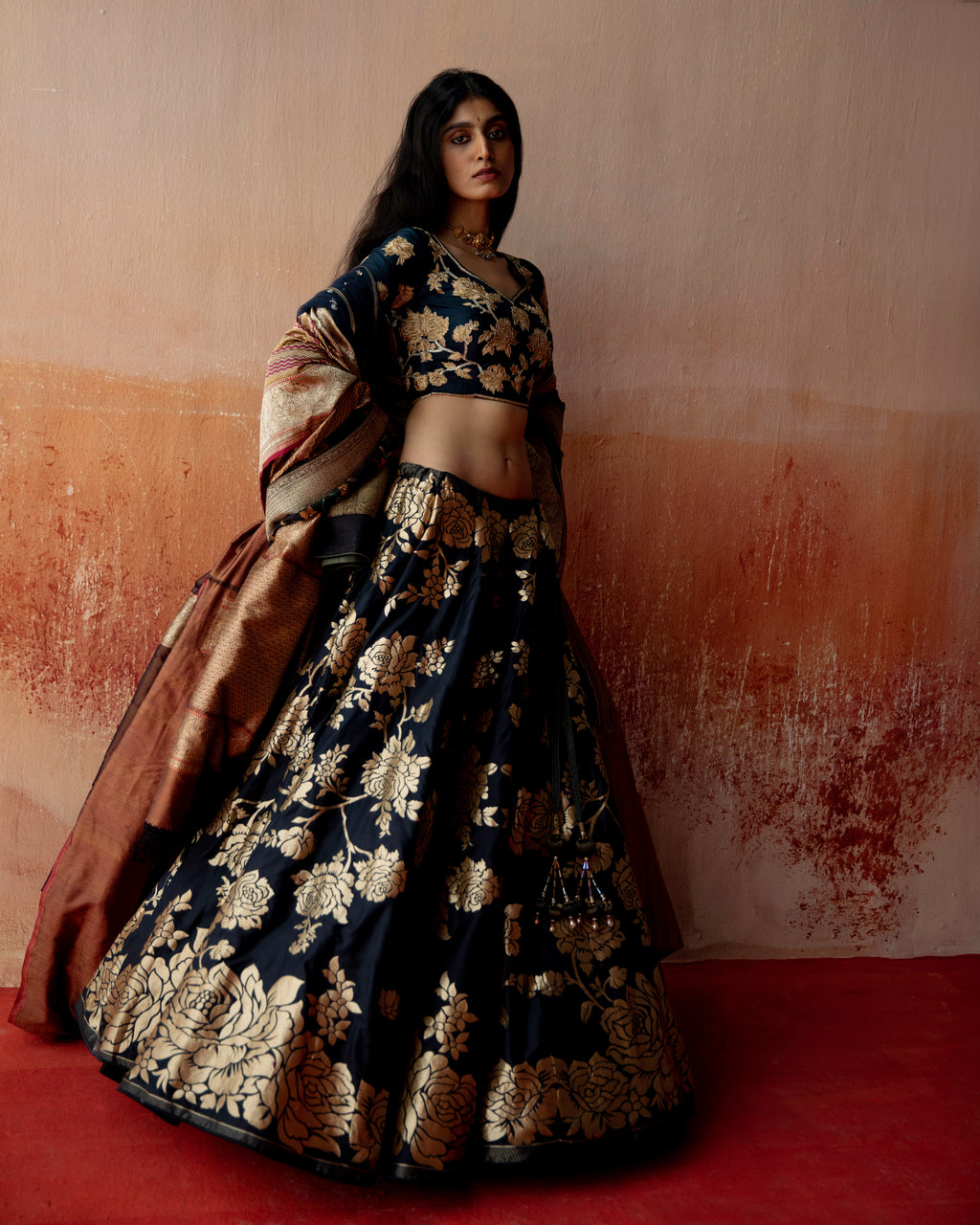 Ebony Lehenga Featuring Botanical Motifs