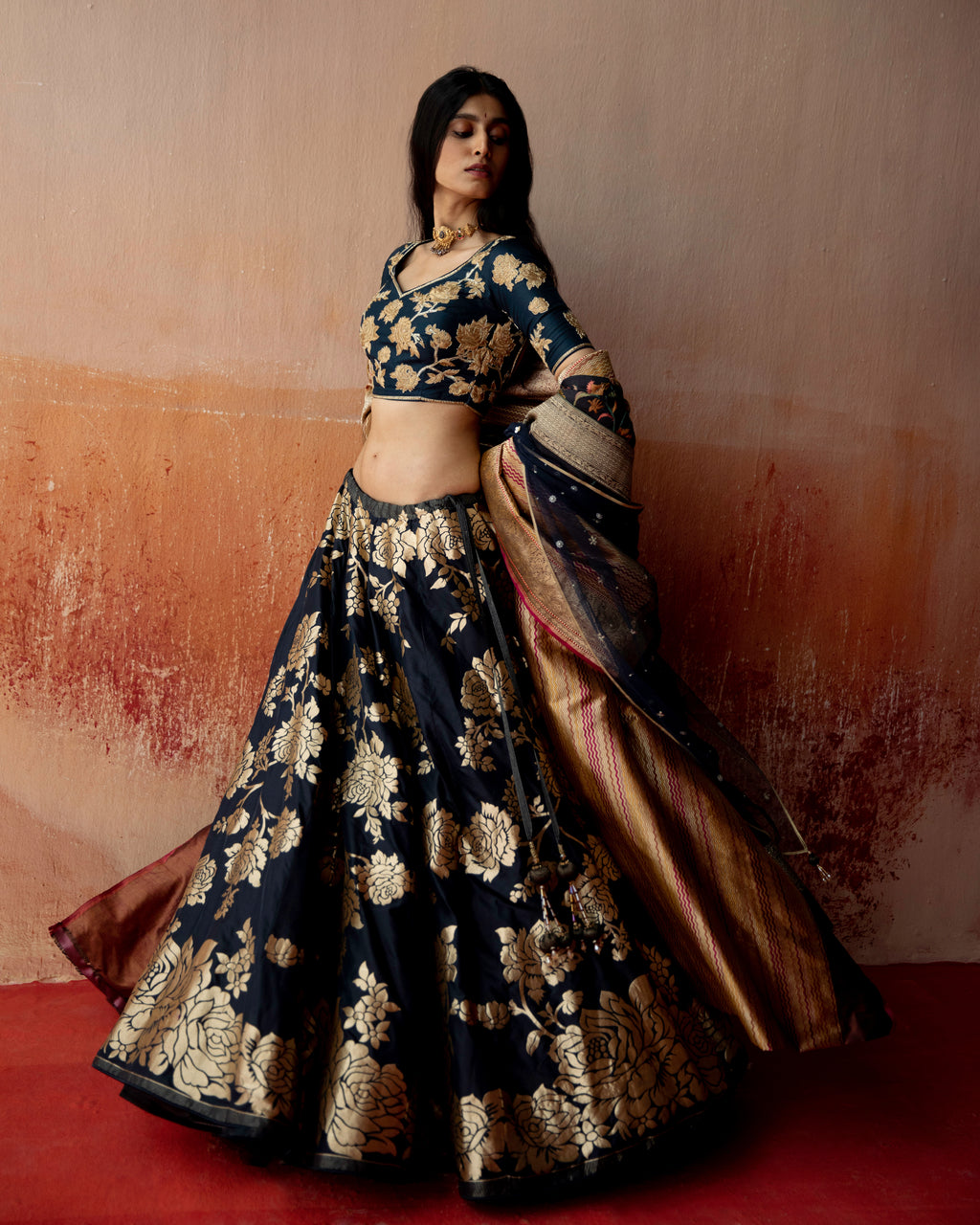 Ebony Lehenga Featuring Botanical Motifs