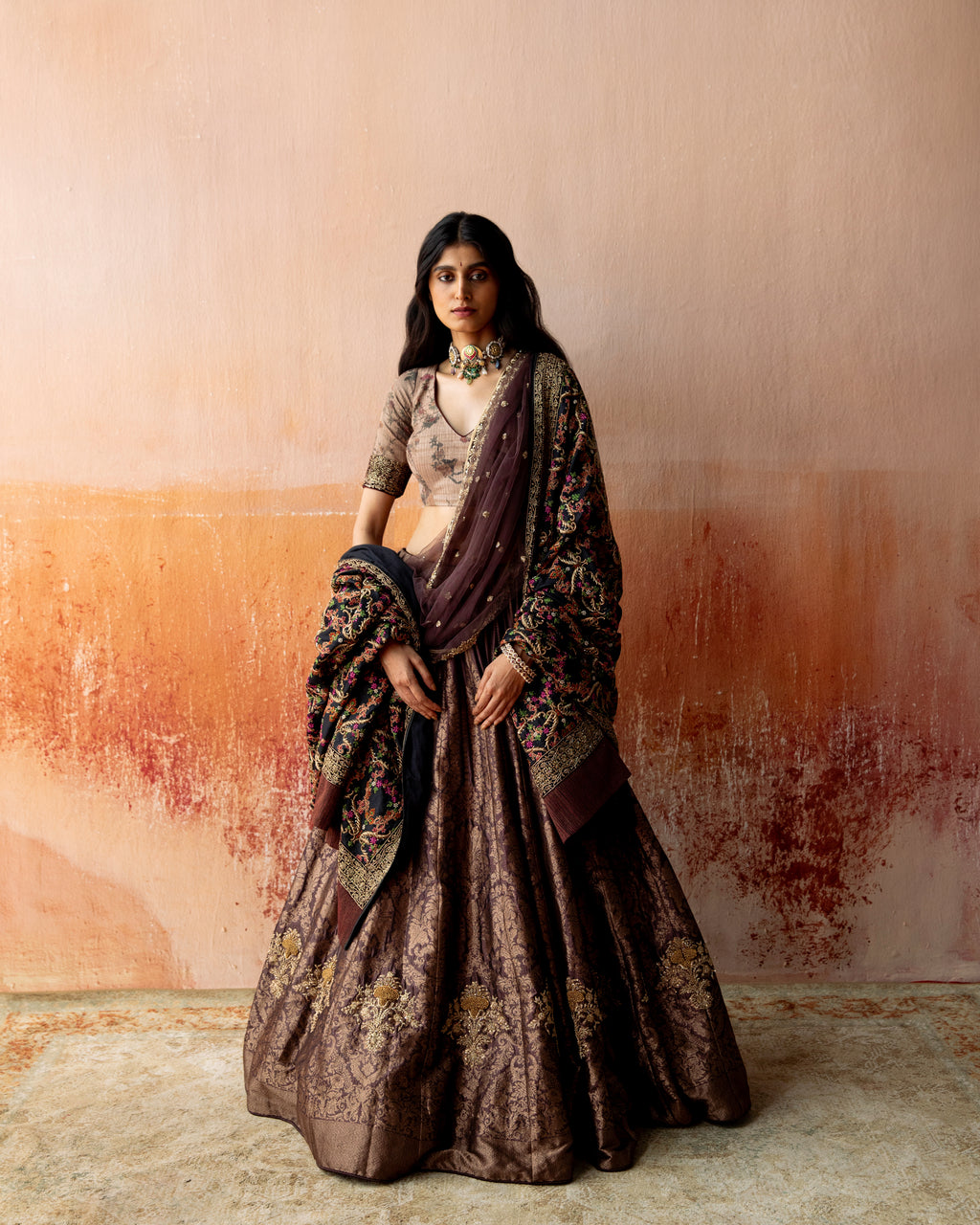 Bronze Zardozi-Embroidered Brocade Lehenga