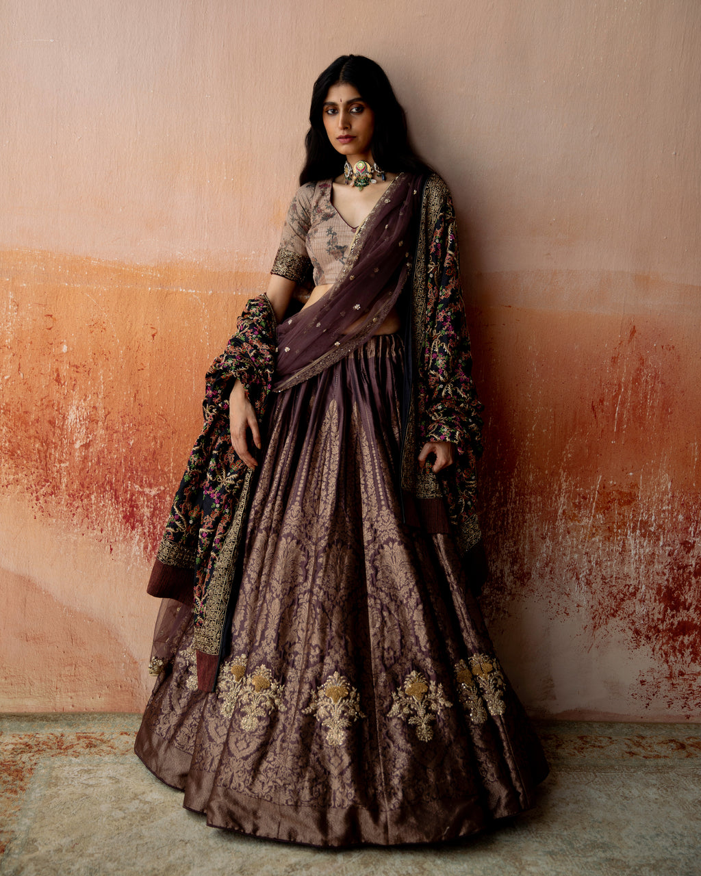 Bronze Zardozi-Embroidered Brocade Lehenga
