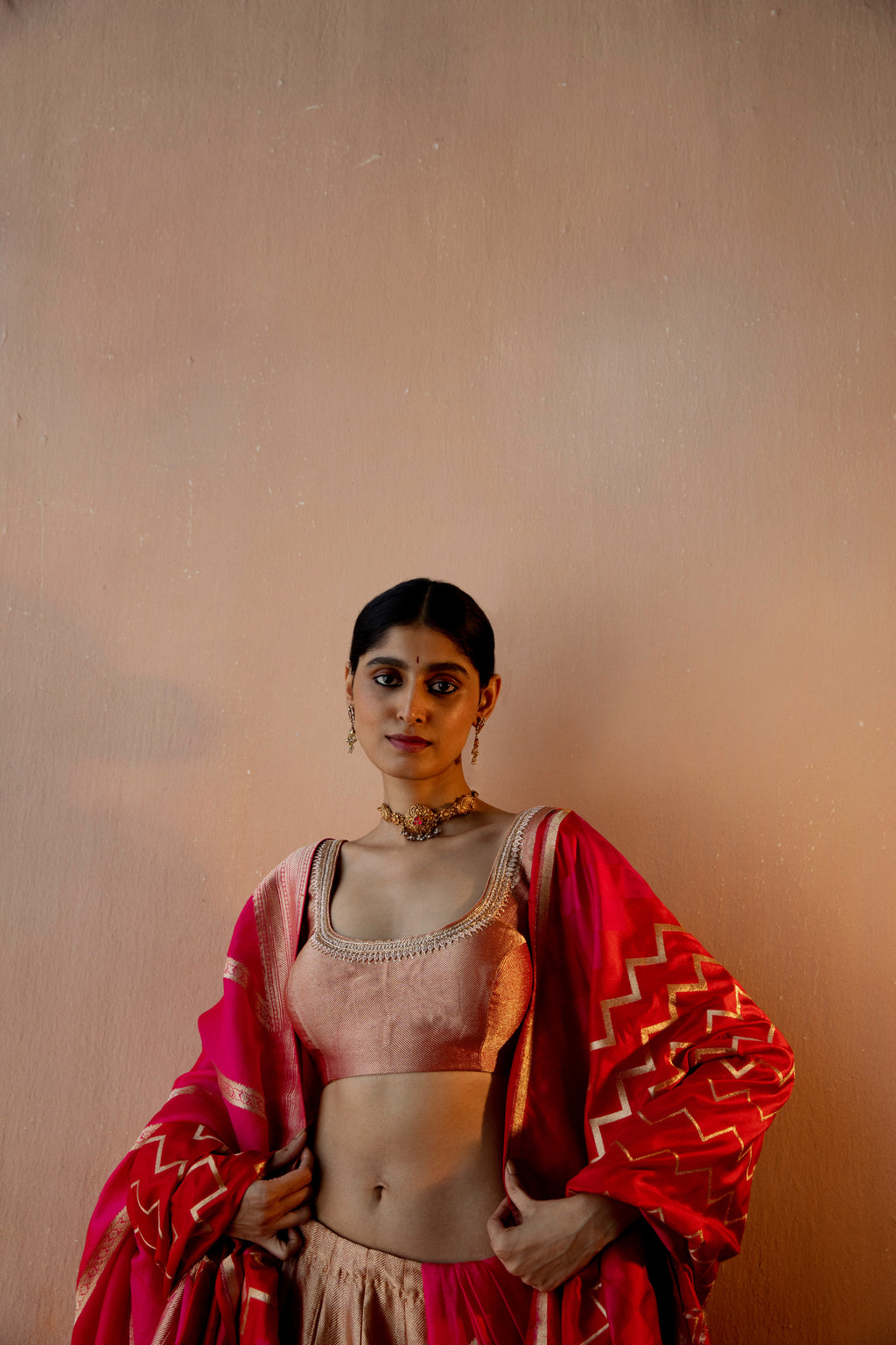 Coral Geometrical Handwoven Lehenga