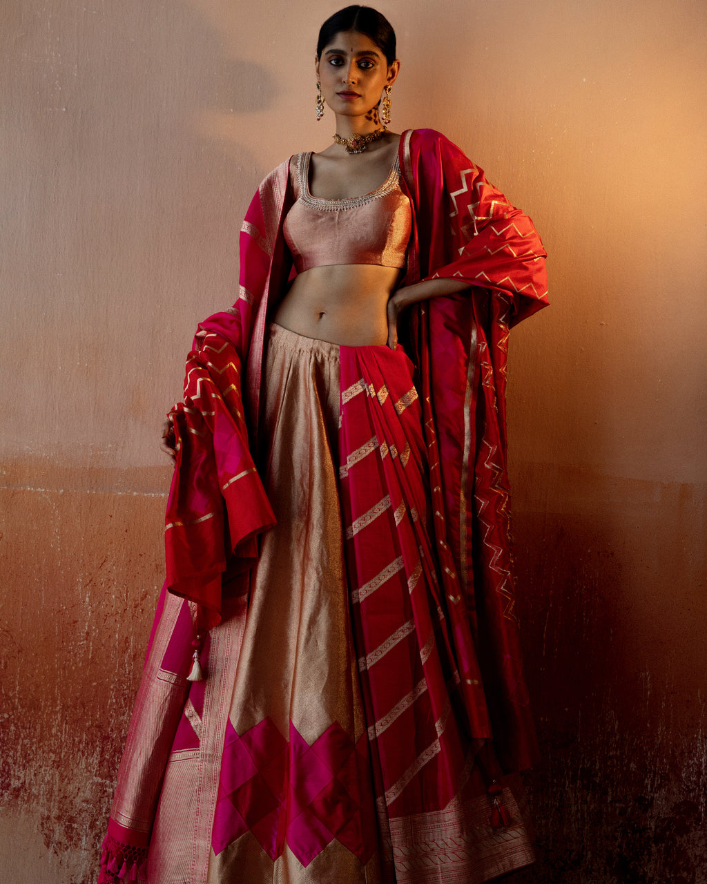 Coral Geometrical Handwoven Lehenga