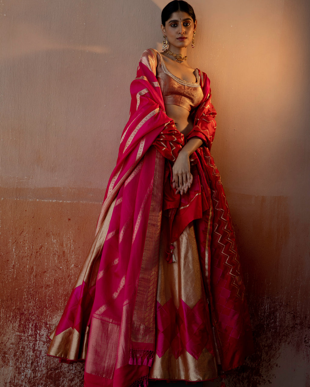 Coral Geometrical Handwoven Lehenga