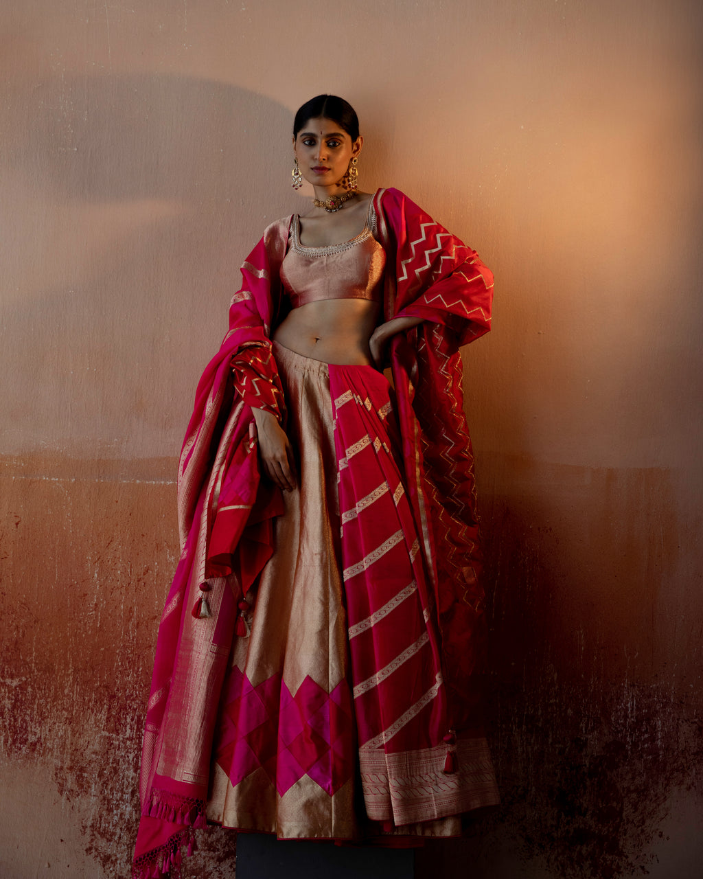 Coral Geometrical Handwoven Lehenga