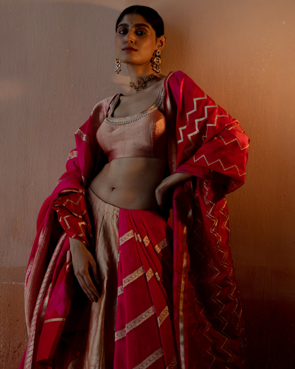 Coral Geometrical Handwoven Lehenga