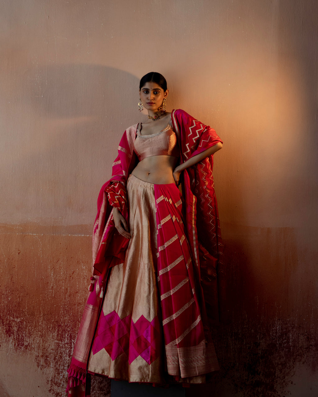 Coral Geometrical Handwoven Lehenga