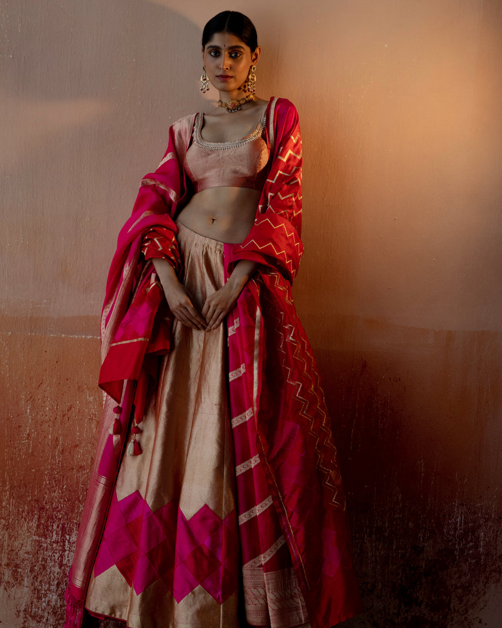 Coral Geometrical Handwoven Lehenga