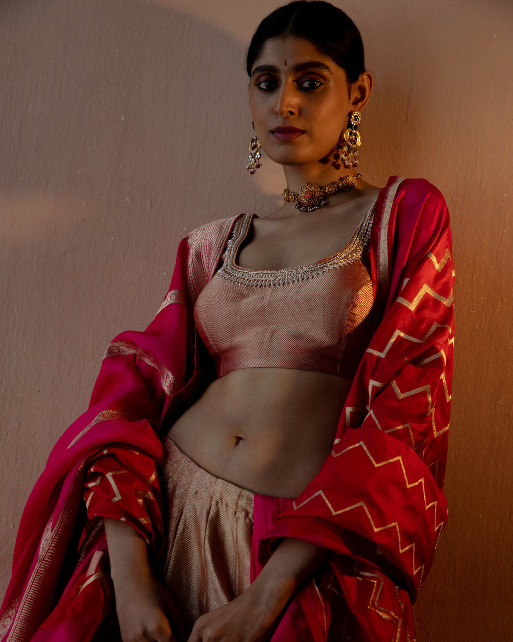 Coral Geometrical Handwoven Lehenga