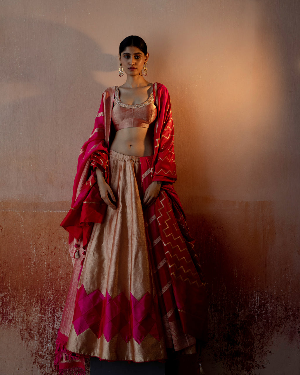 Coral Geometrical Handwoven Lehenga