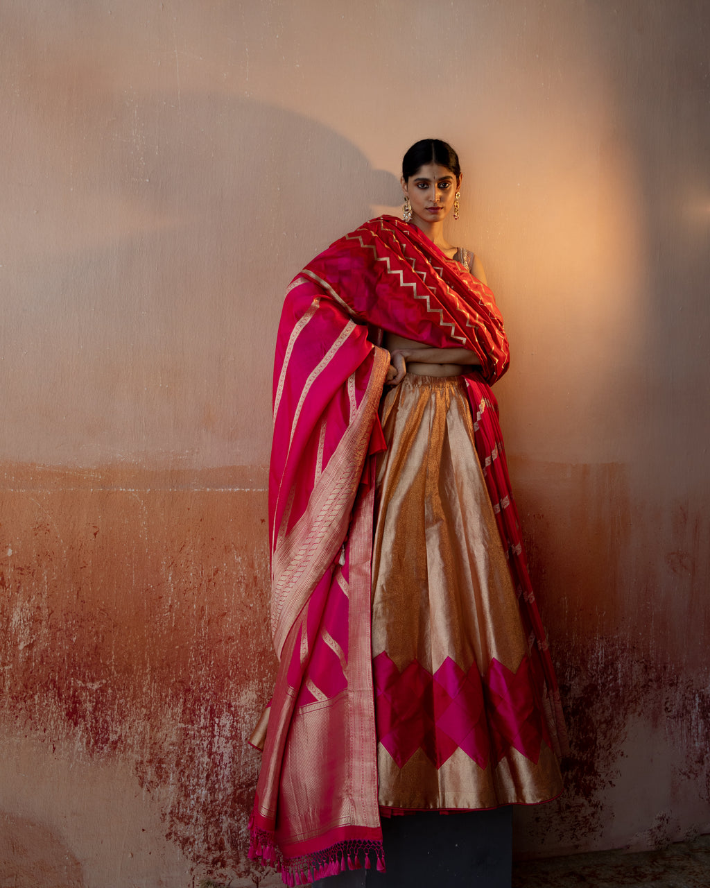 Coral Geometrical Handwoven Lehenga
