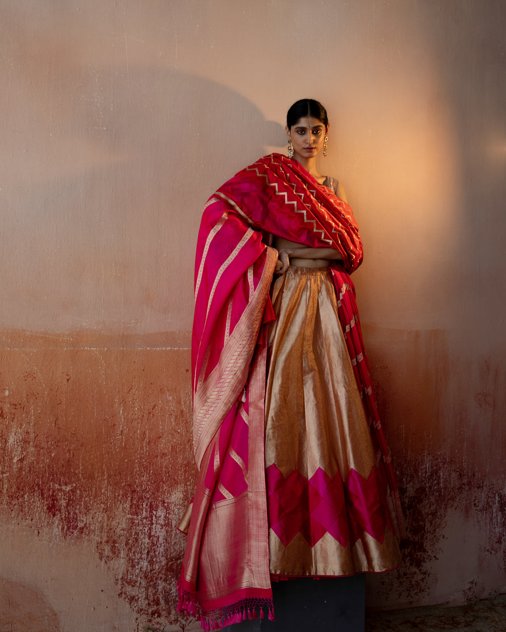 Coral Geometrical Handwoven Lehenga
