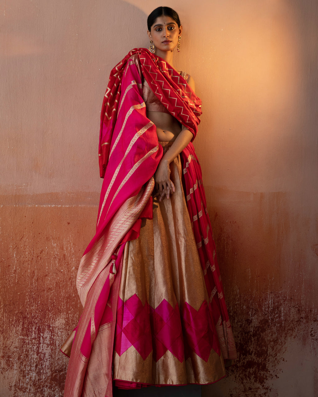 Coral Geometrical Handwoven Lehenga