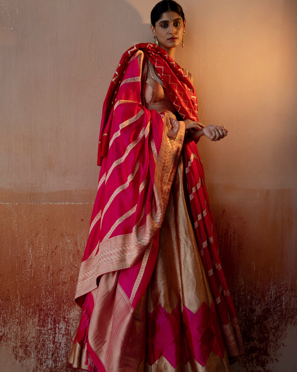 Coral Geometrical Handwoven Lehenga