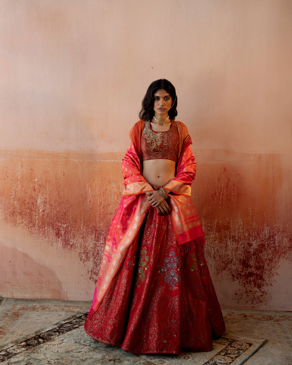 Garnet Lehenga With Intricate Botanical Motifs