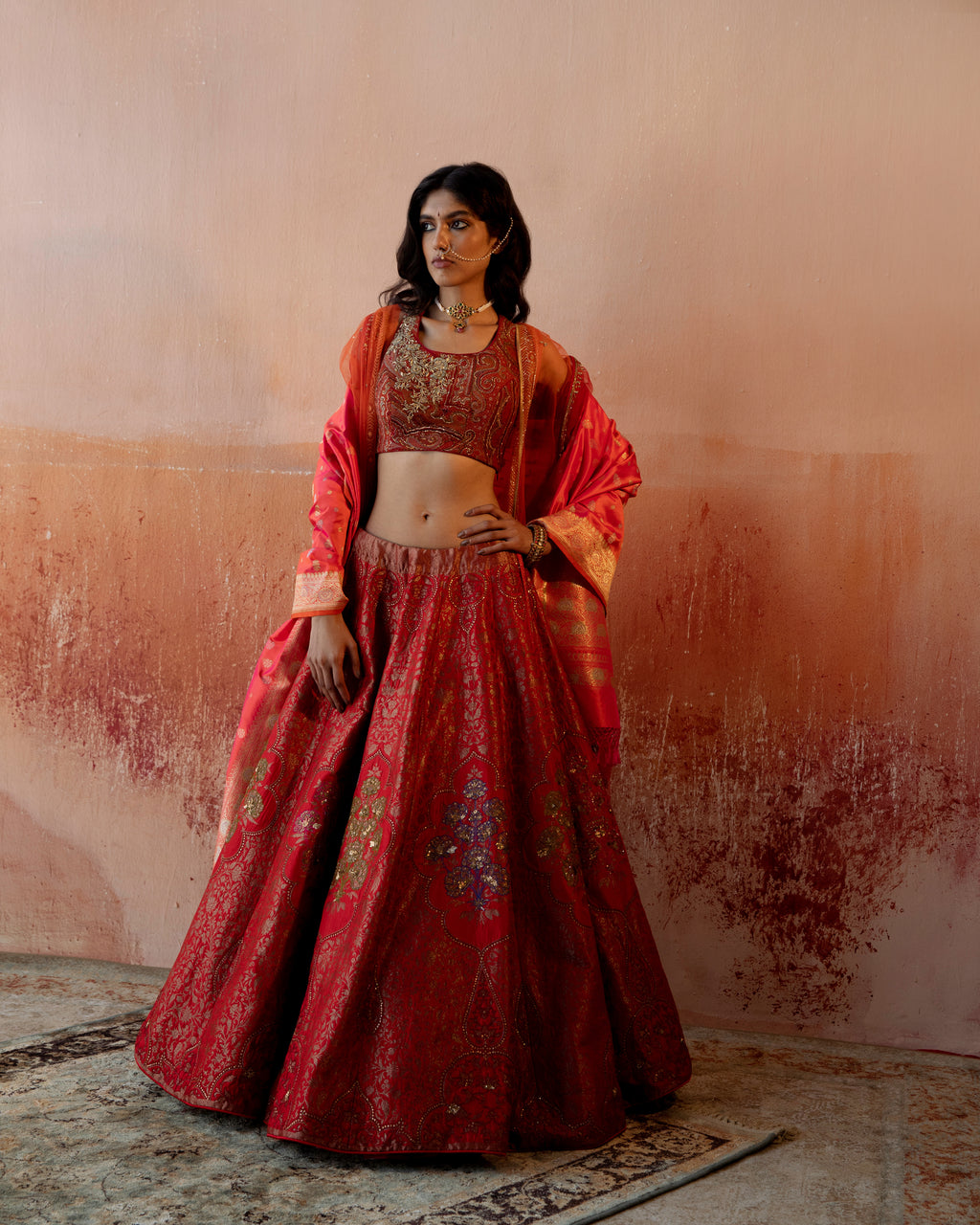 Garnet Lehenga With Intricate Botanical Motifs