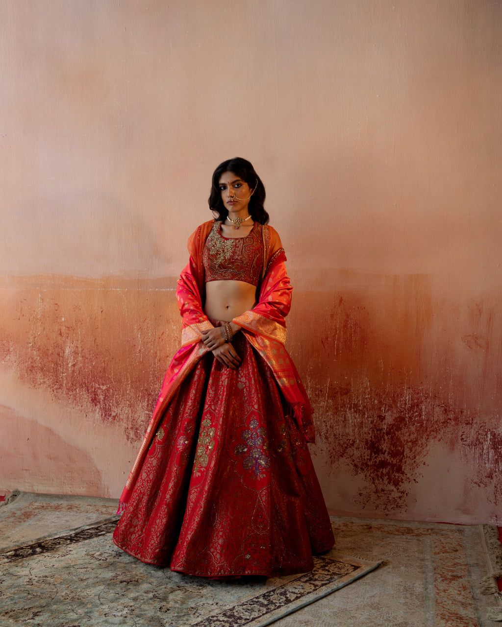 Garnet Lehenga With Intricate Botanical Motifs