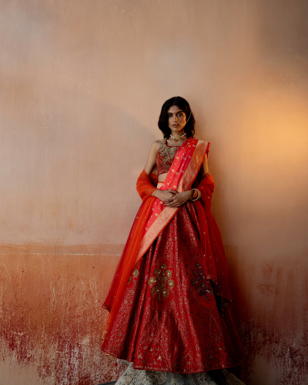 Garnet Lehenga With Intricate Botanical Motifs