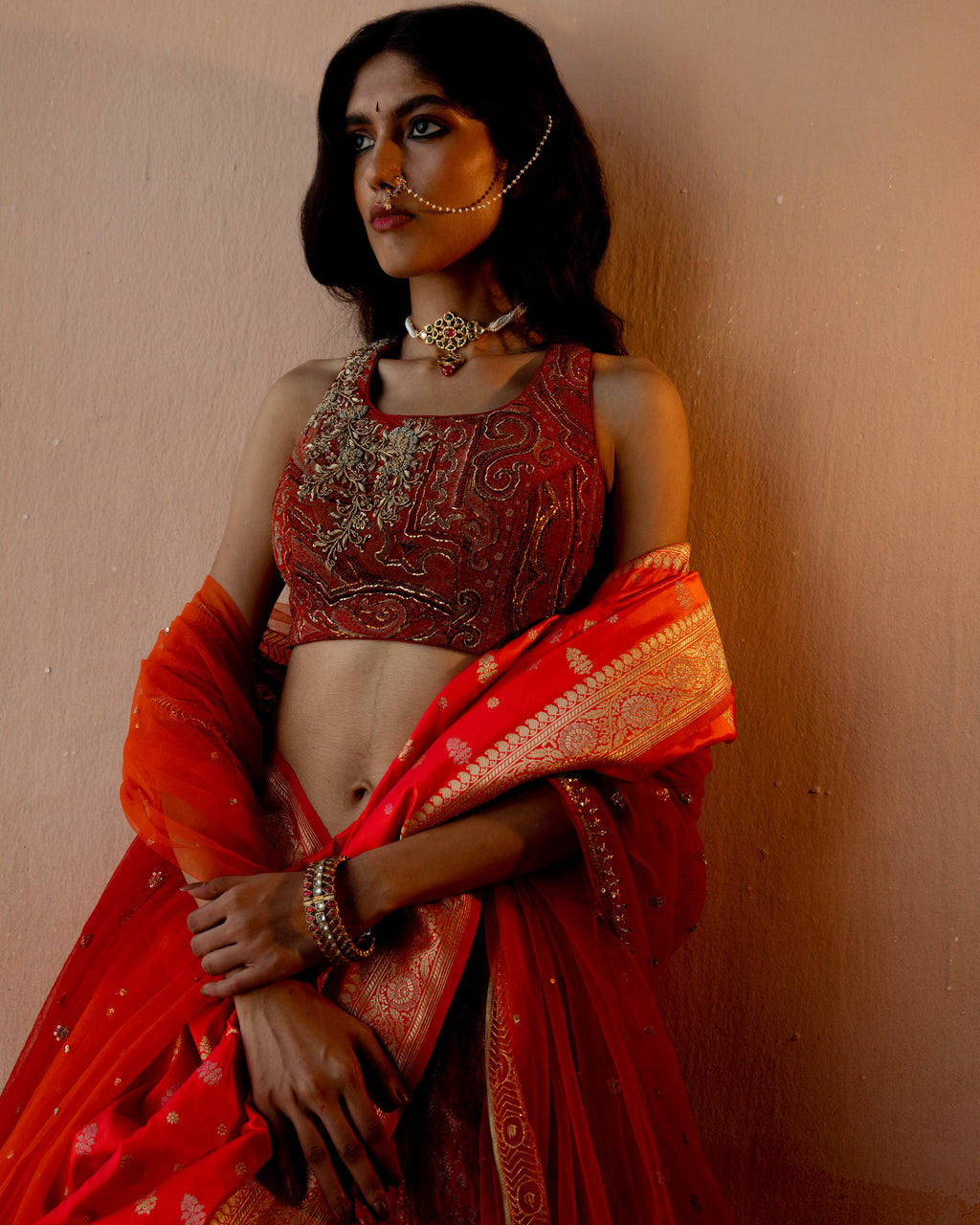 Garnet Lehenga With Intricate Botanical Motifs