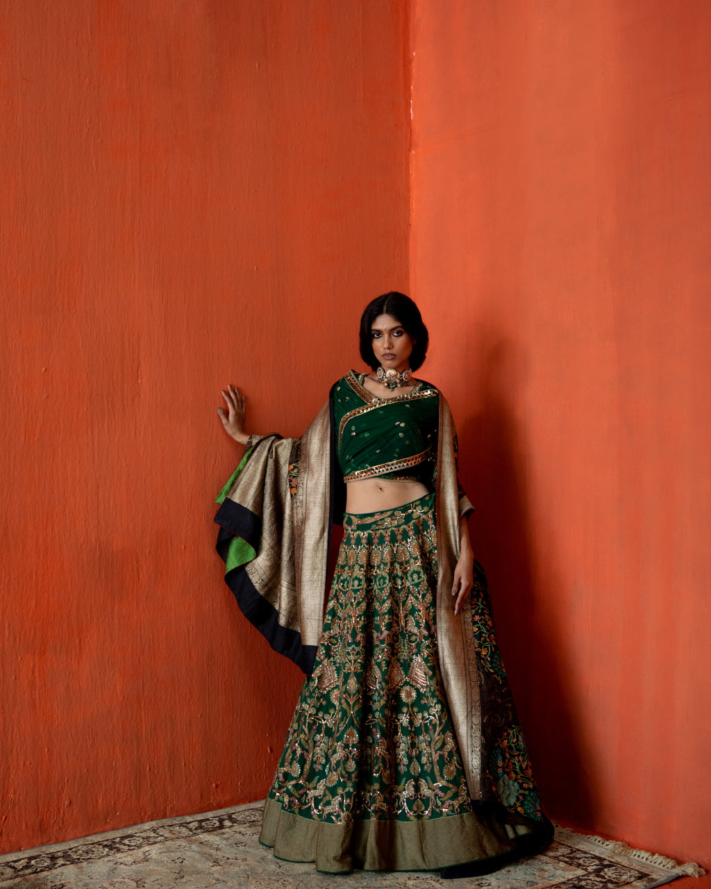 Forest Green Lehenga depicted Flora and Fauna