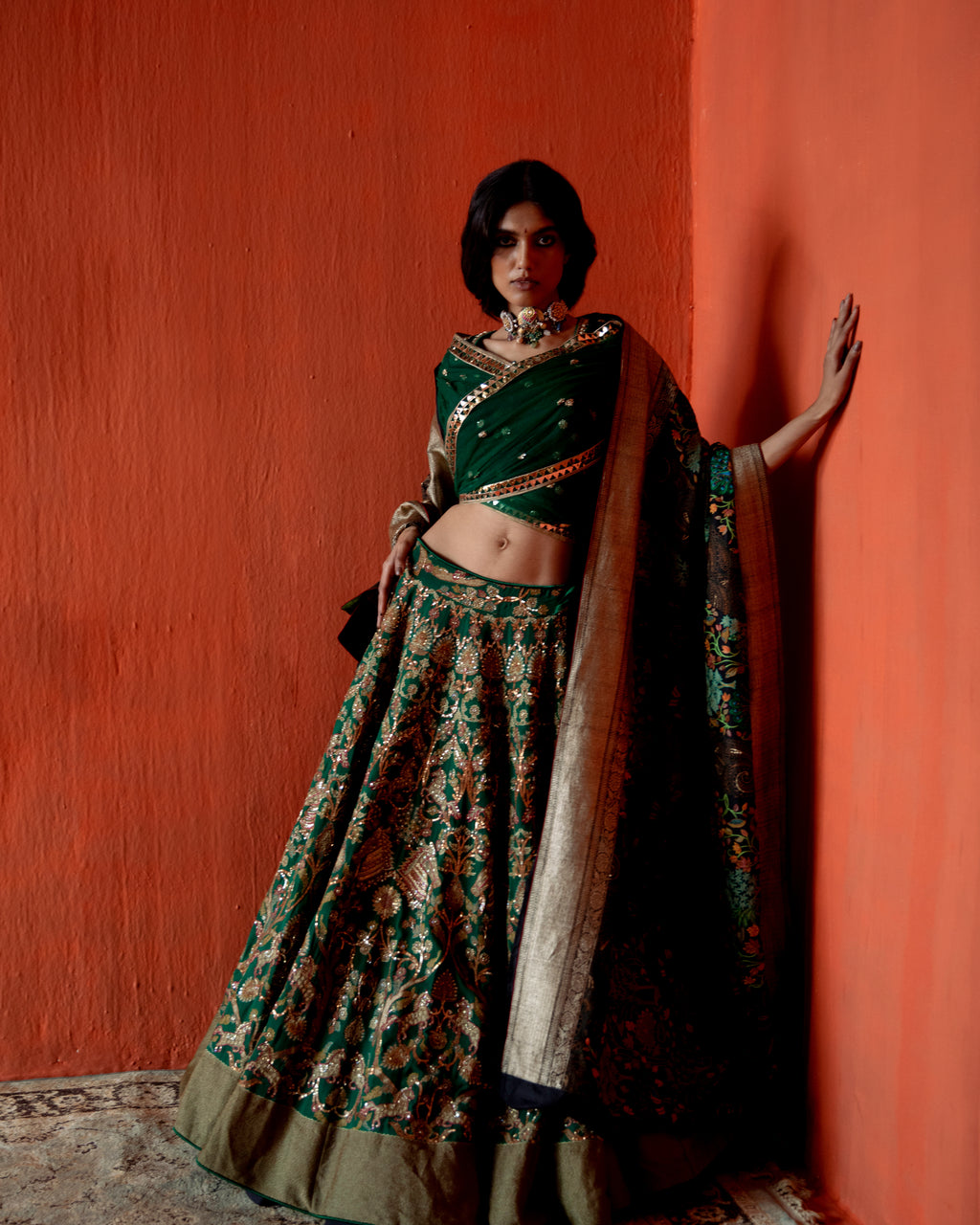 Forest Green Lehenga depicted Flora and Fauna