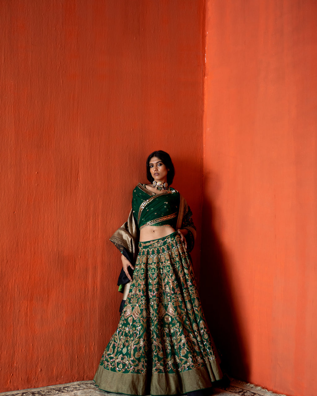 Forest Green Lehenga depicted Flora and Fauna