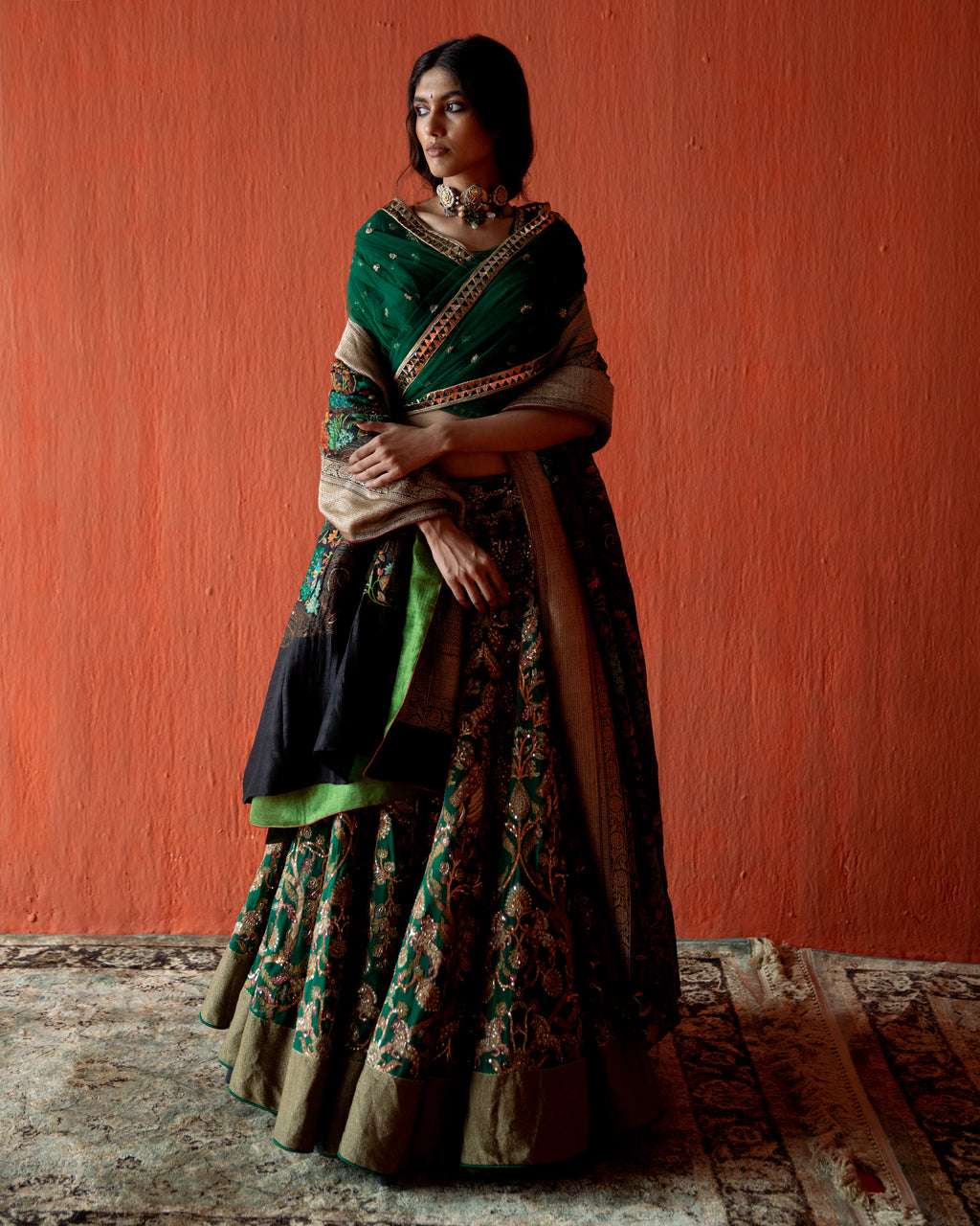 Forest Green Lehenga depicted Flora and Fauna