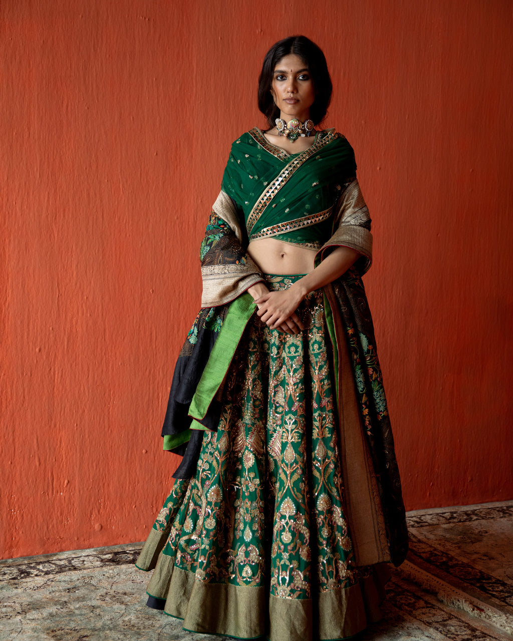 Forest Green Lehenga depicted Flora and Fauna