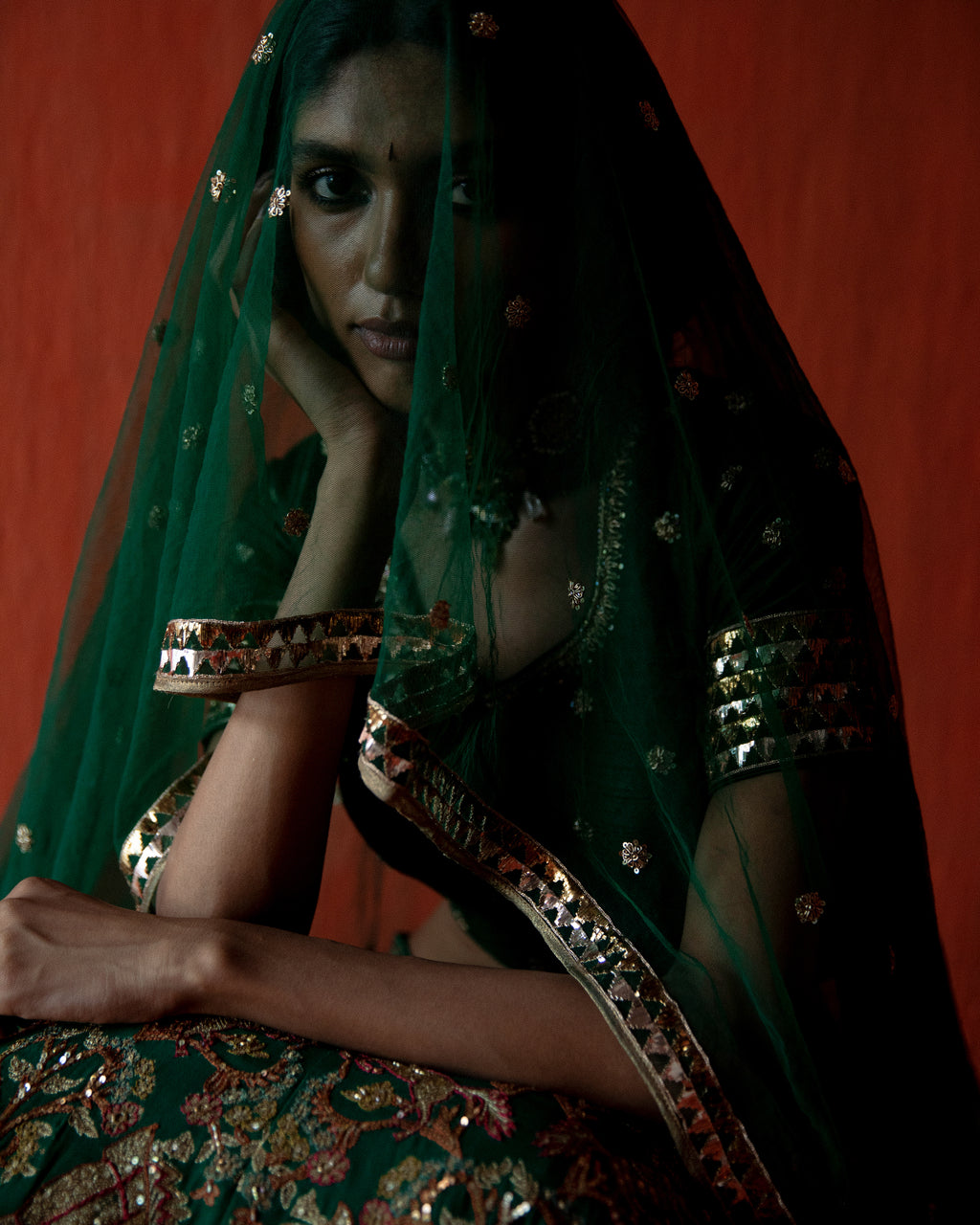 Forest Green Lehenga depicted Flora and Fauna