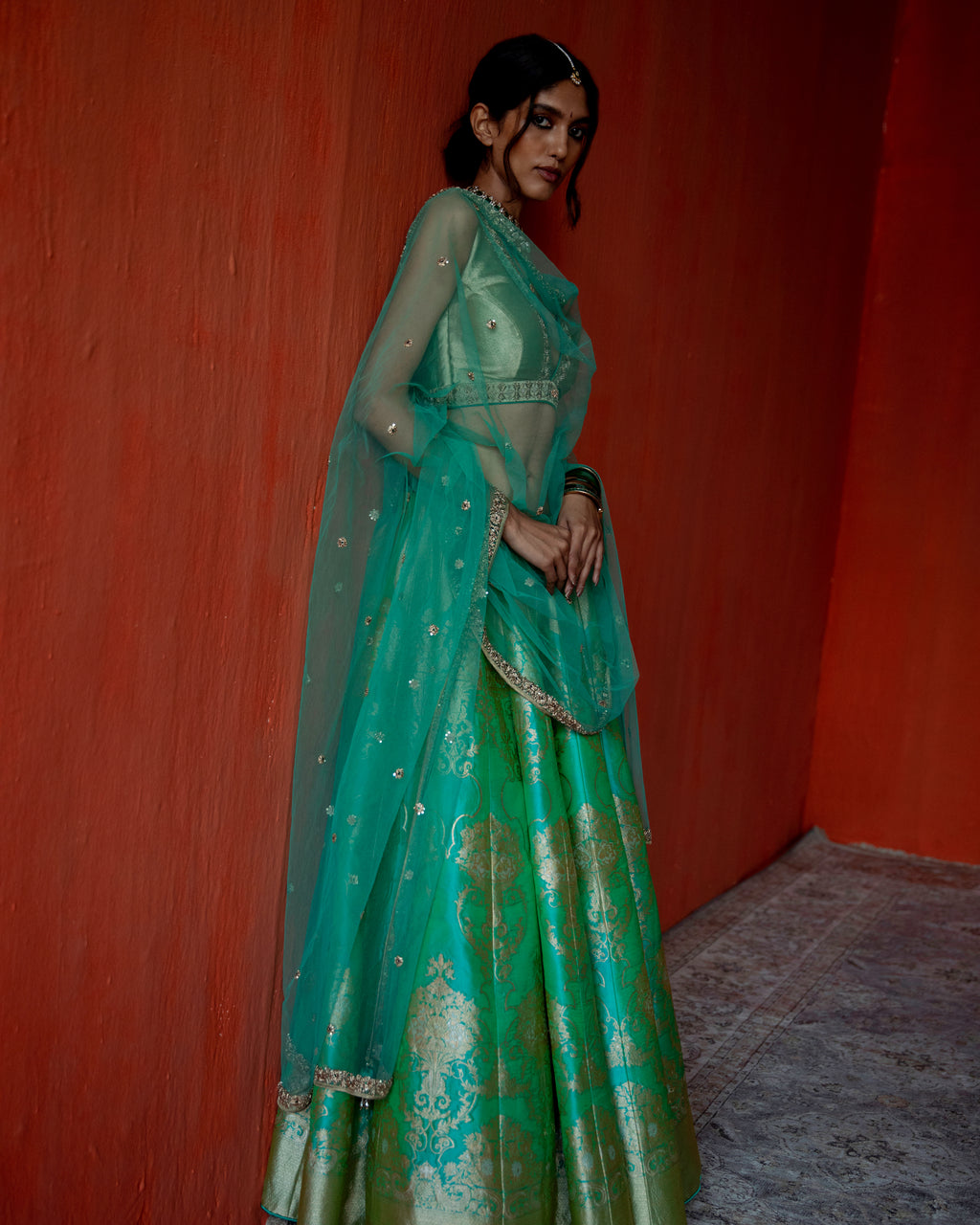 Seafoam Lehenga Featuring Intricate Mughal Motifs