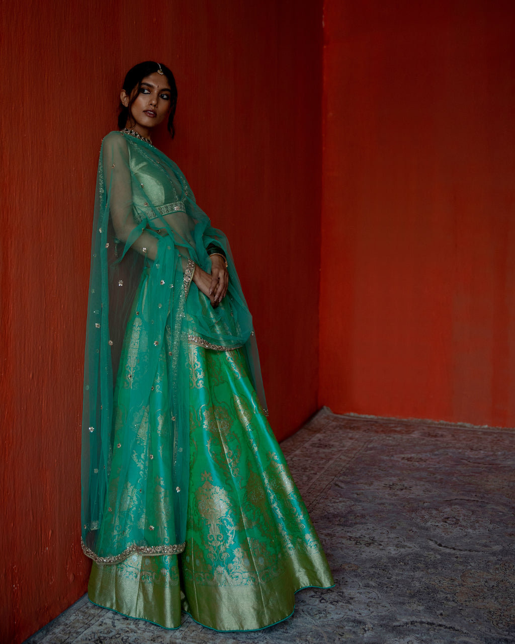 Seafoam Lehenga Featuring Intricate Mughal Motifs