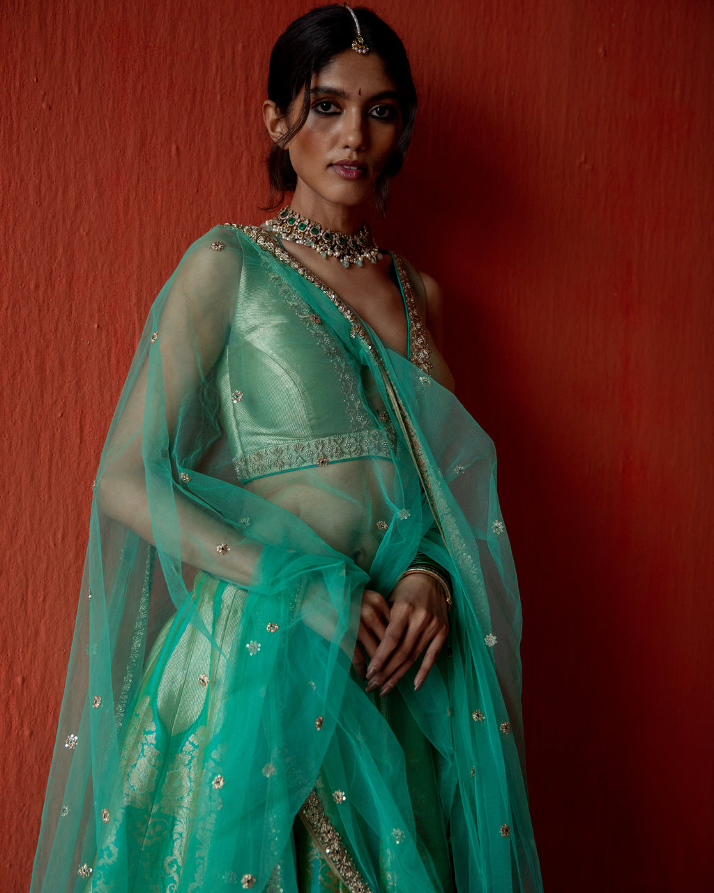 Seafoam Lehenga Featuring Intricate Mughal Motifs