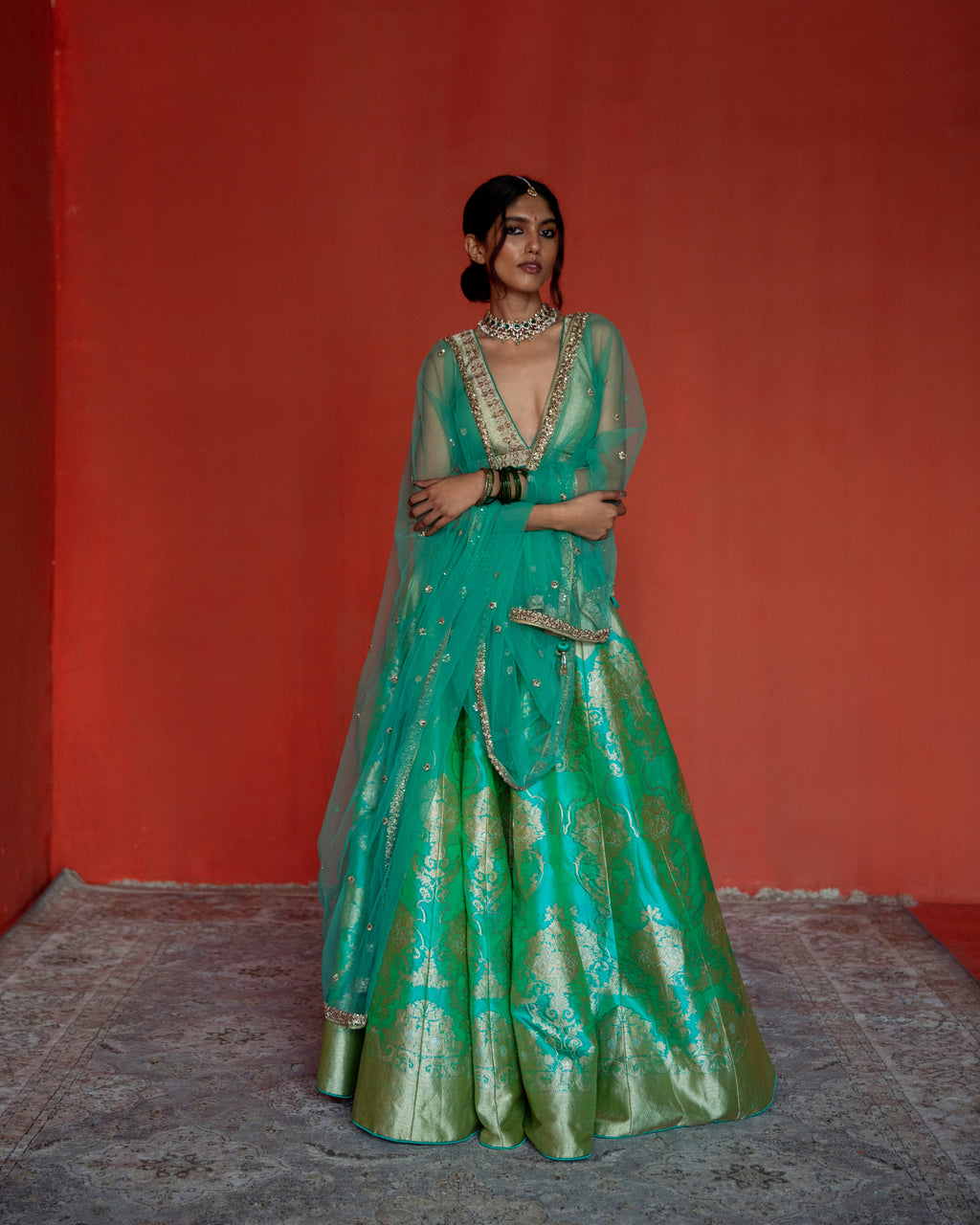 Seafoam Lehenga Featuring Intricate Mughal Motifs