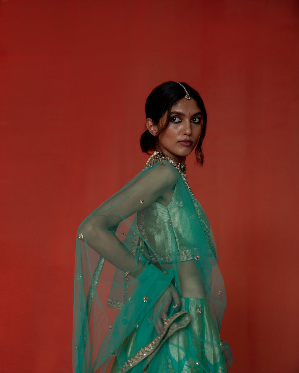 Seafoam Lehenga Featuring Intricate Mughal Motifs