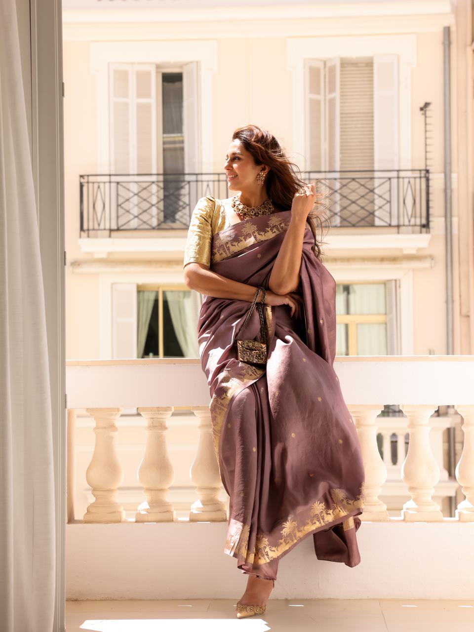 Vintage Heather silk saree close-up detail, Shanti Banaras Summer 2026