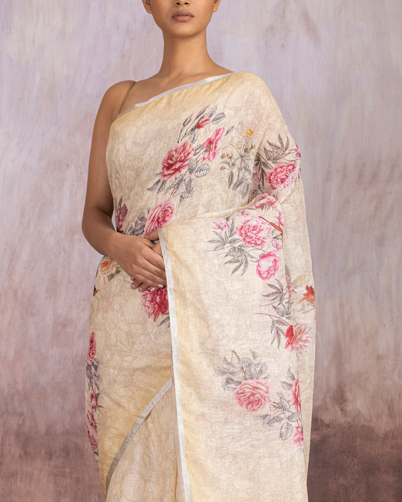 Digitally Botanical  Printed Saree Linen