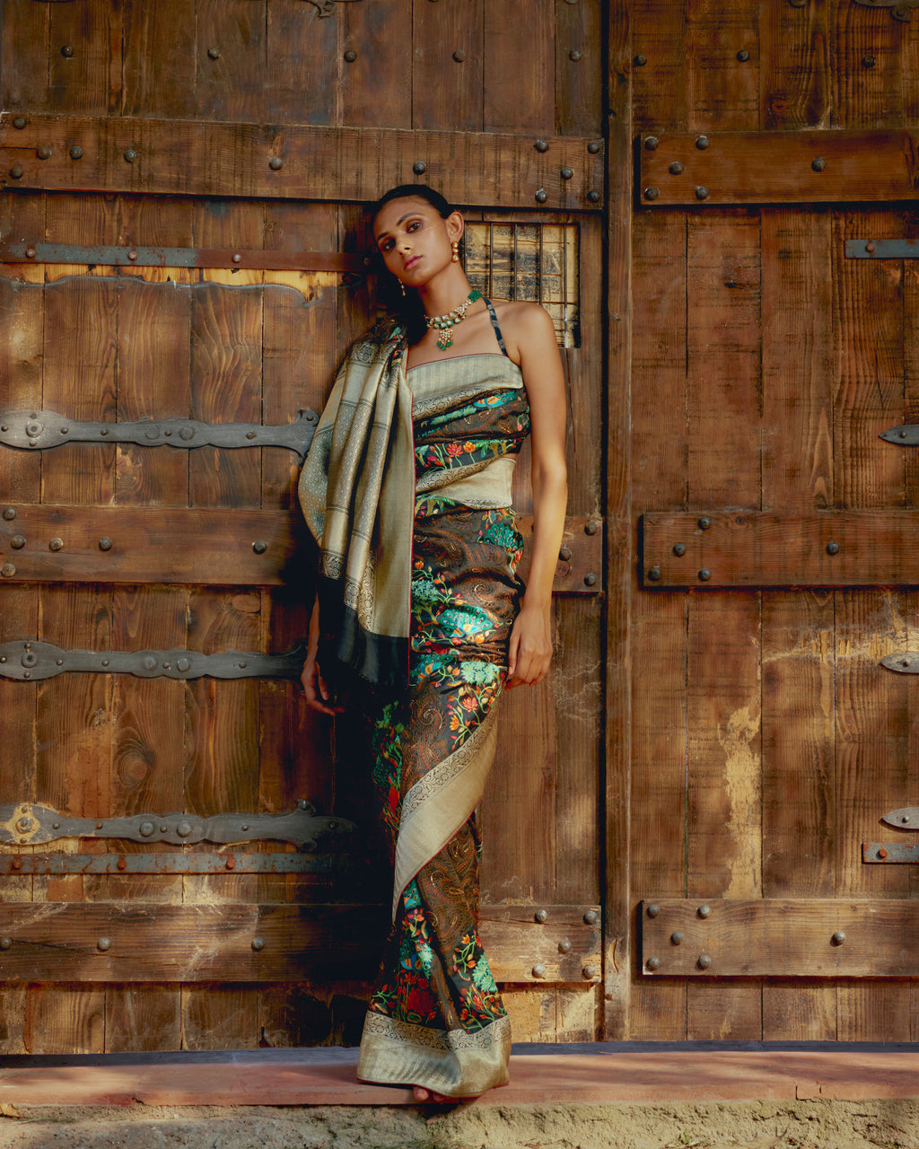 Mocha Hand Emroidred  Tusser Georgette Sarees