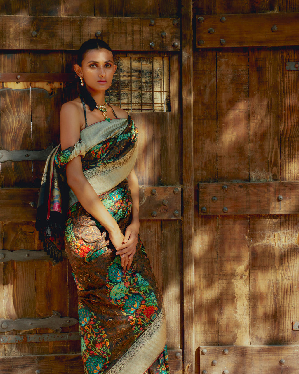 Mocha Hand Emroidred  Tusser Georgette Sarees