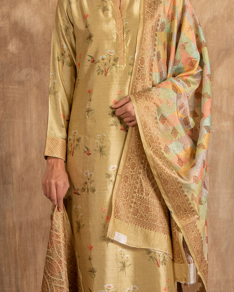 Floral Print Chiniya Silk Suit